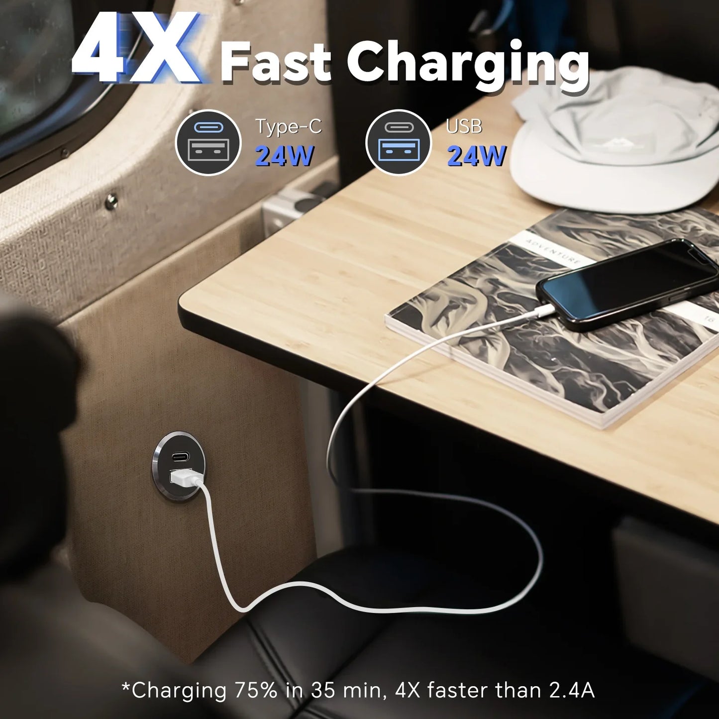 campervan small recessed usb c and usb a charger socket