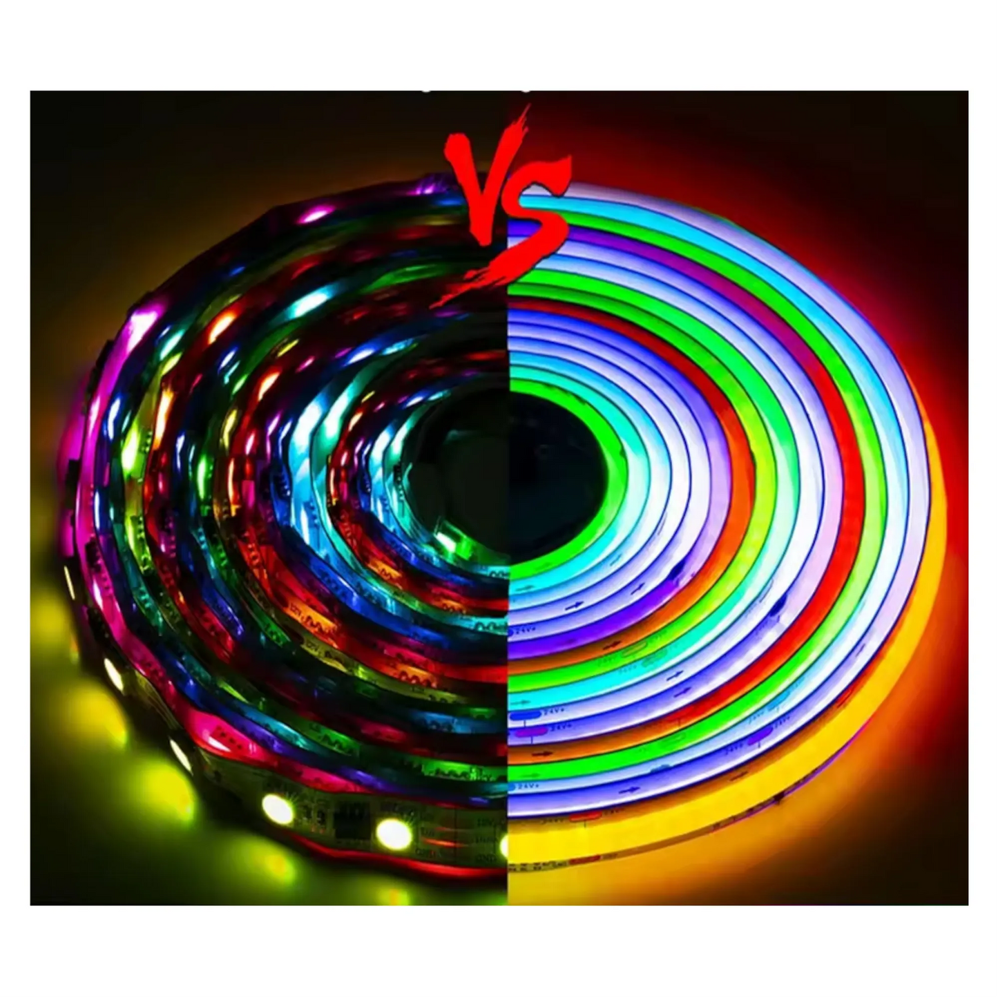 close-up of WS2812B dotless RGB LED strip glowing