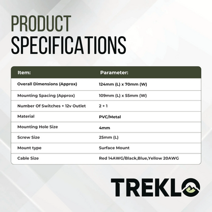 2 gang rocker switch panel with 12v socket and single led for campervan accessory control