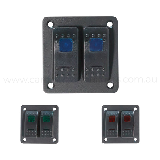 2 way rocker switch panel with dual led illumination for campervan electrical control