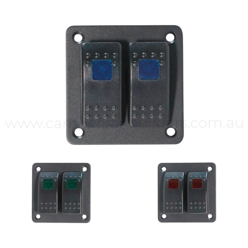 2 way rocker switch panel with single led illumination for campervan electrical control