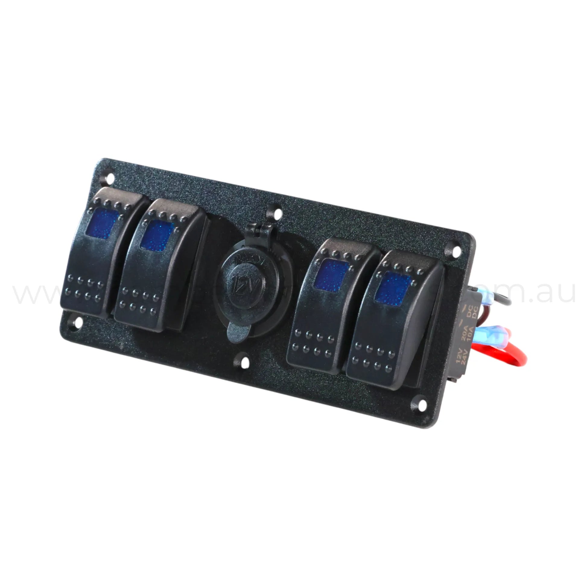 illuminated 4 way switch panel with 12v accessory socket ideal for caravan 12v fitouts