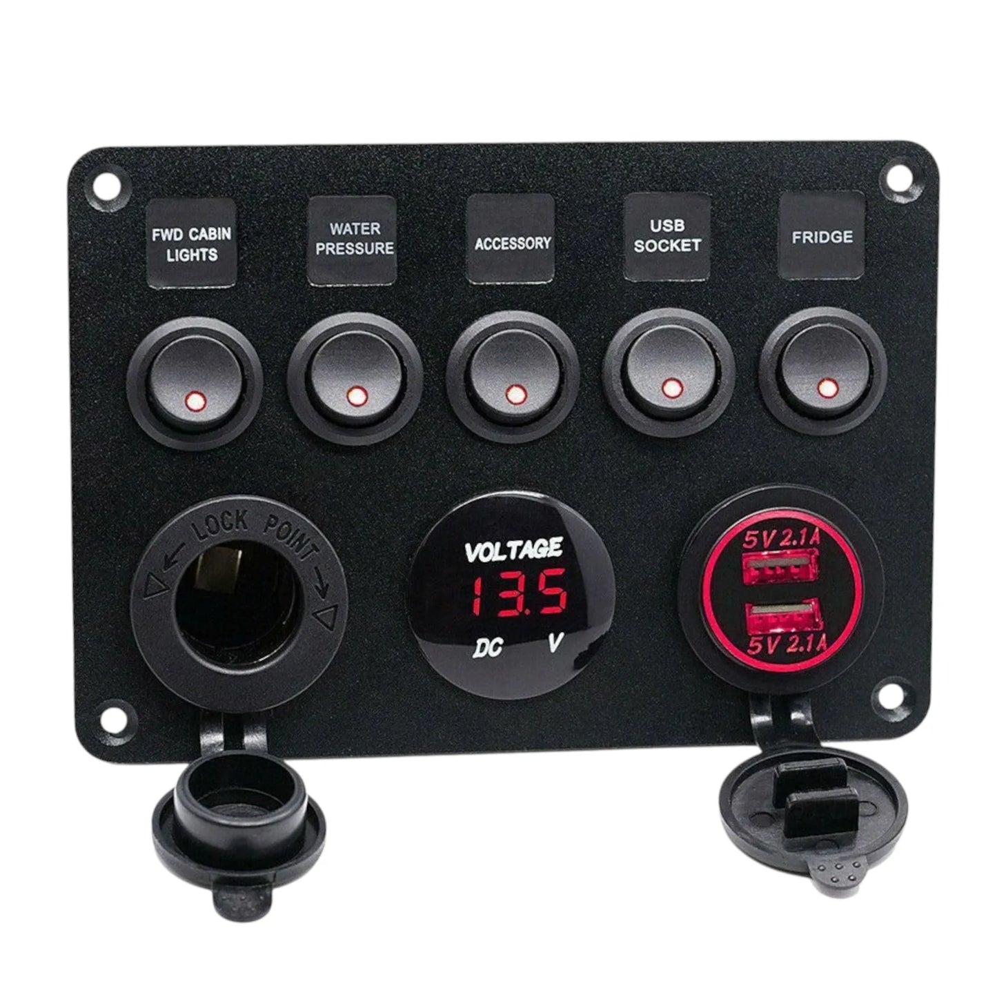 5 gang switch panel with usb a charger 12v outlet and voltage display