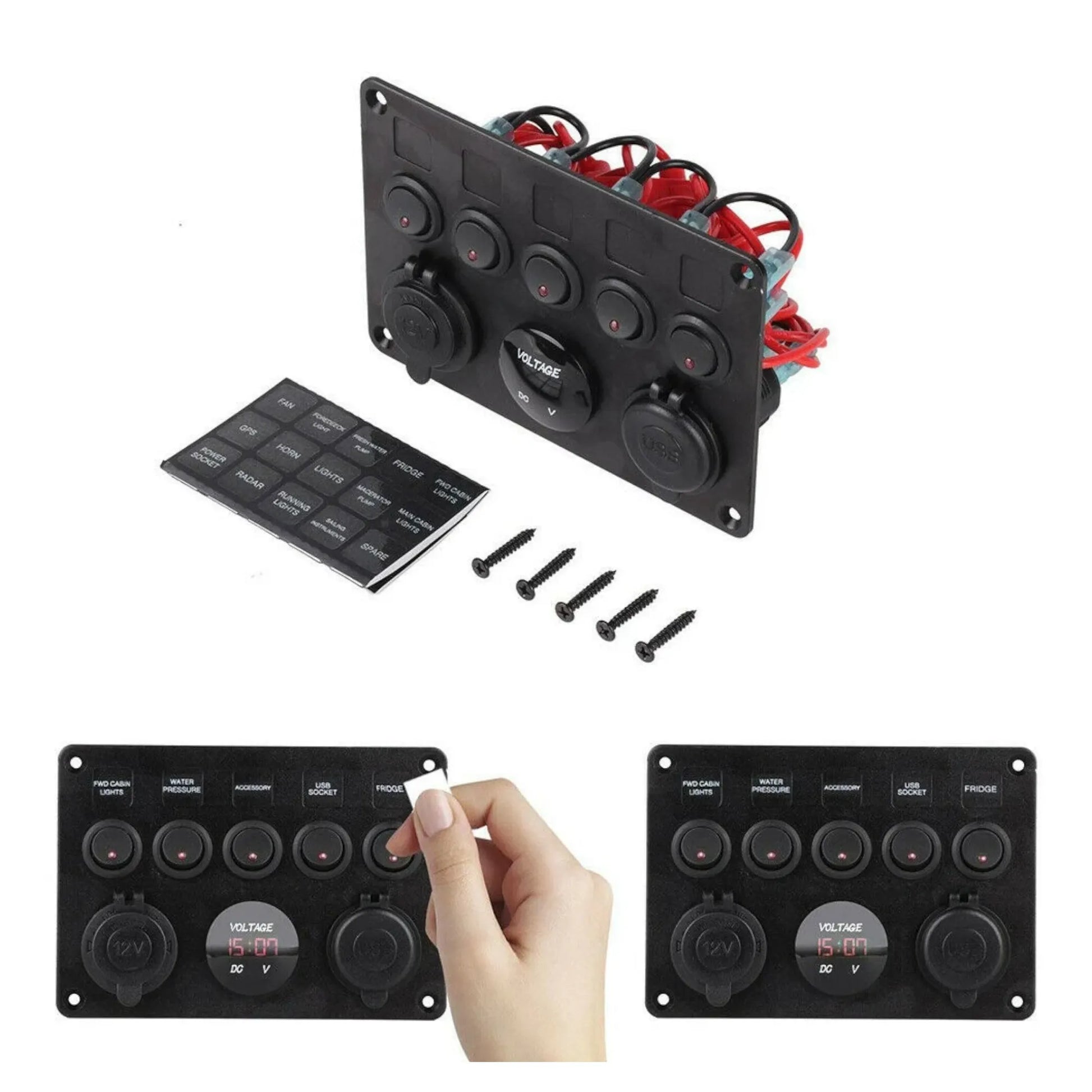 caravan 5 switch panel for 12v accessories with voltmeter monitor
