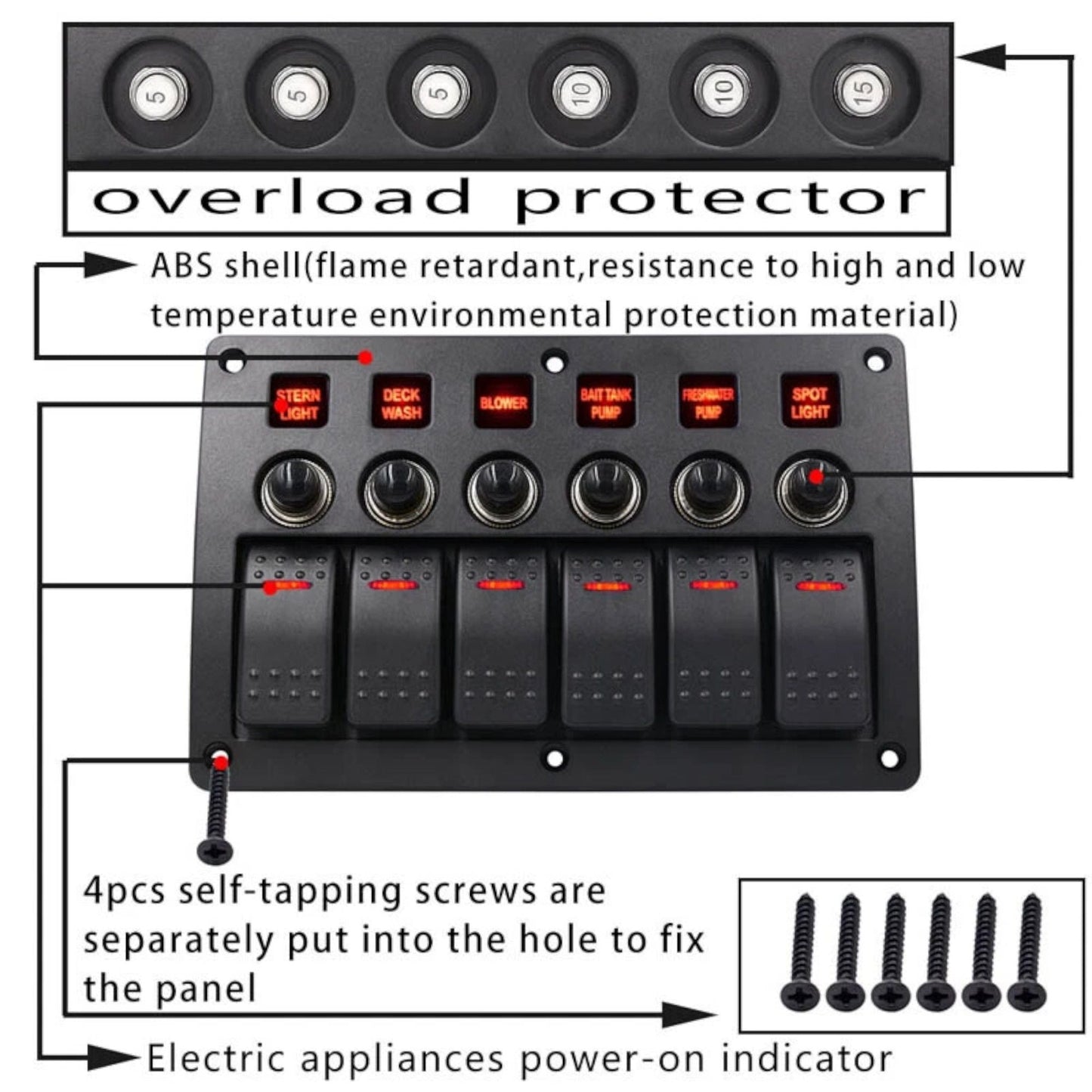caravan 6 switch panel for accessory control with circuit breaker protection