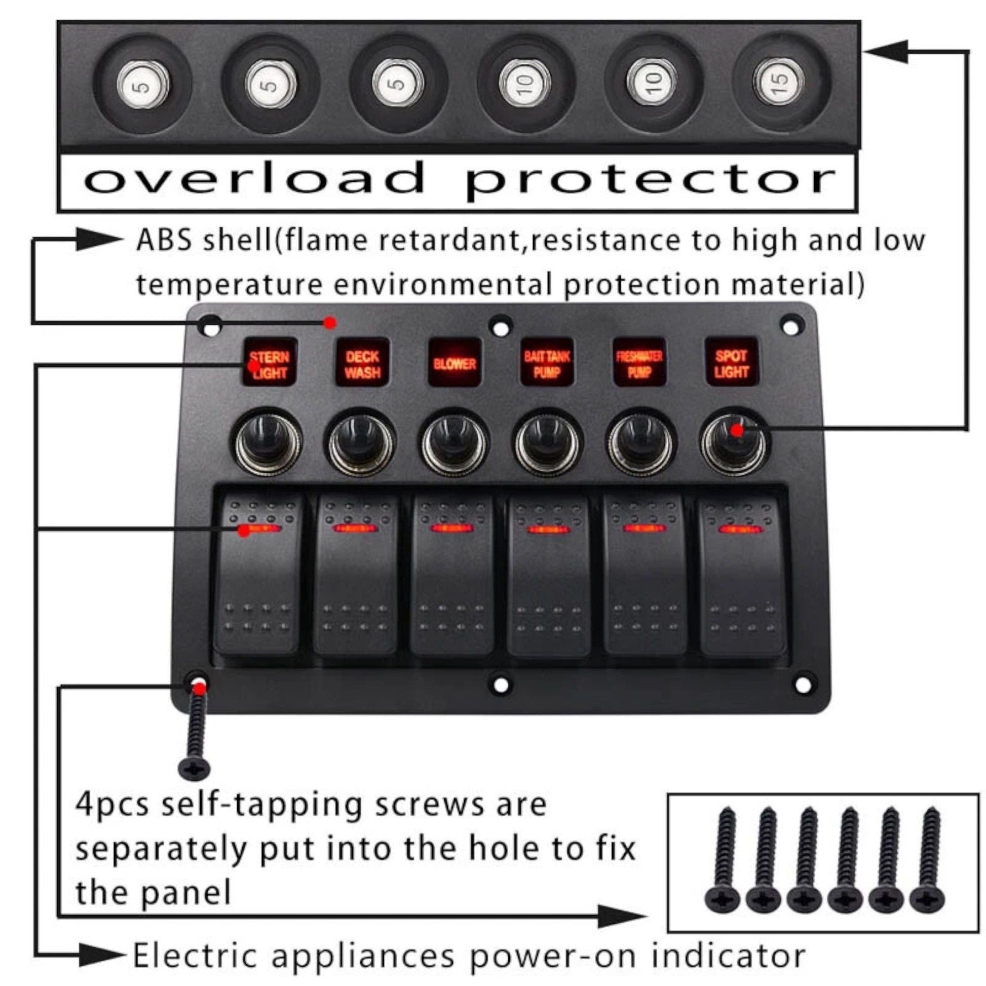 caravan 6 switch panel for accessory control with circuit breaker protection