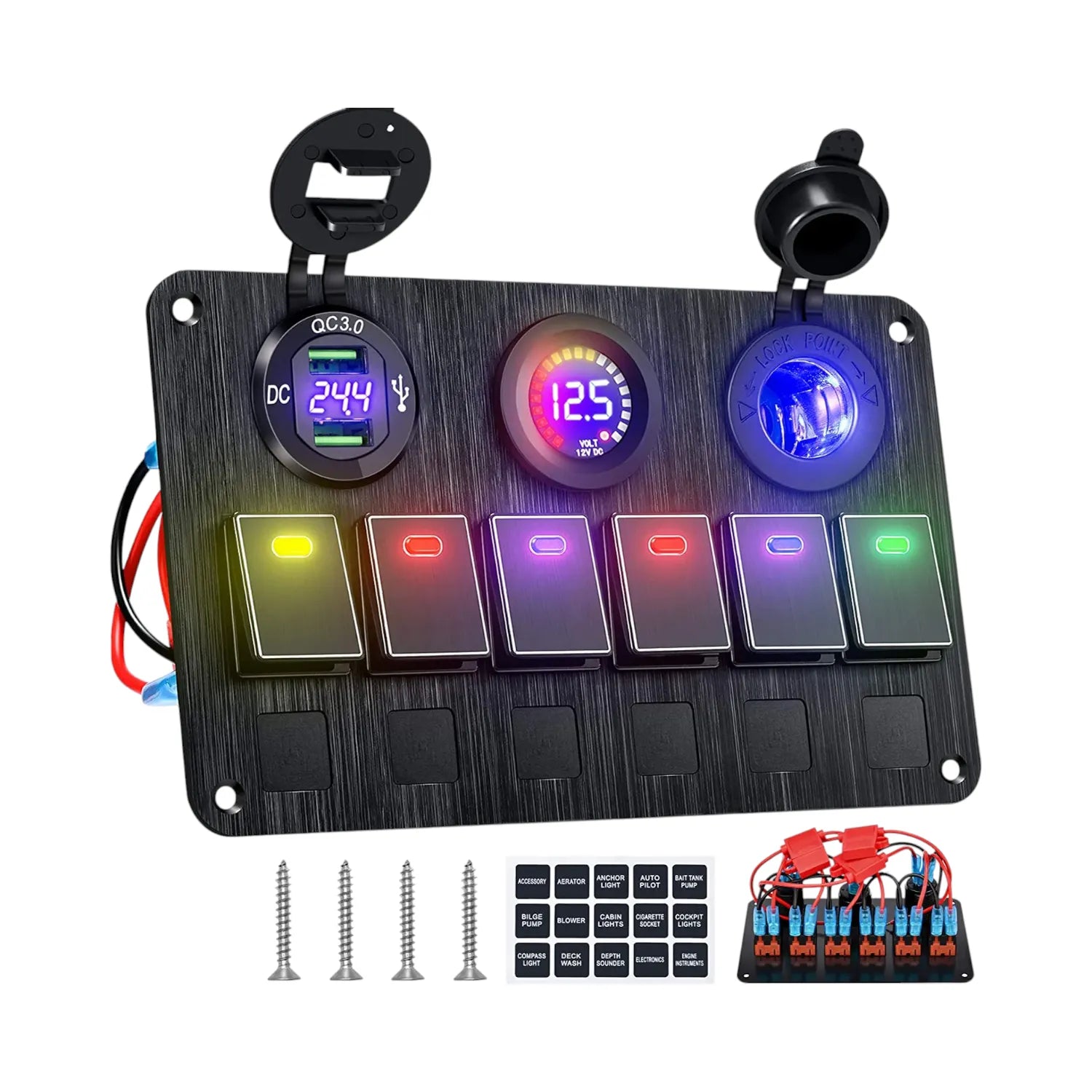 6 way aluminum switch panel with dual usb 12v socket and voltmeter