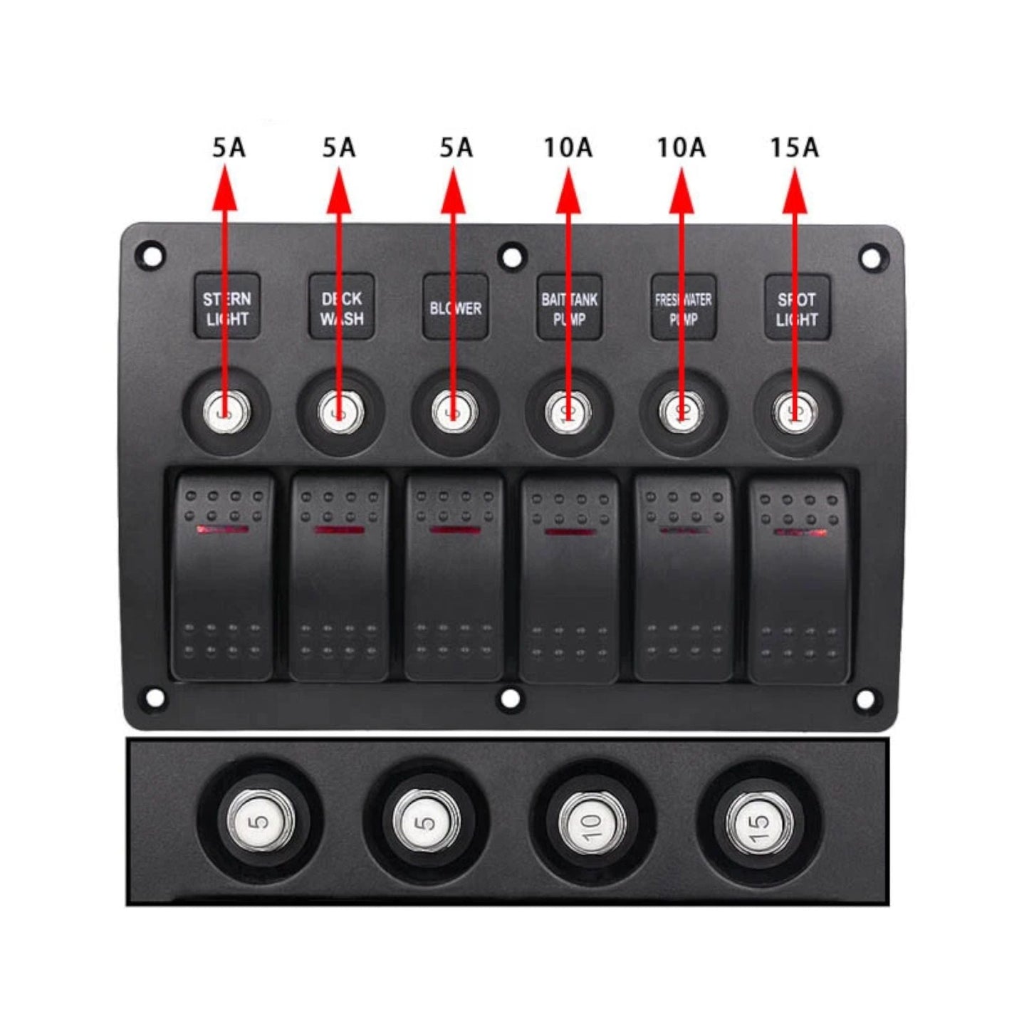 rv 6 way control panel with circuit breakers and red illumination
