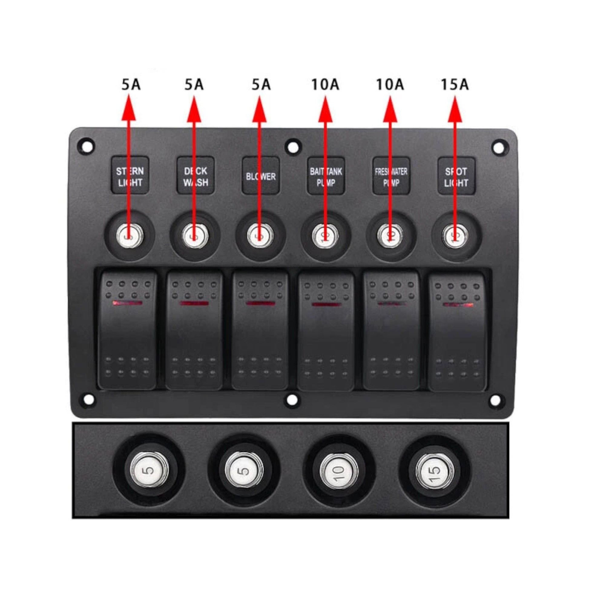 rv 6 way control panel with circuit breakers and red illumination