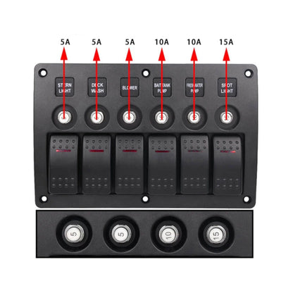 rv 6 way control panel with circuit breakers and red illumination