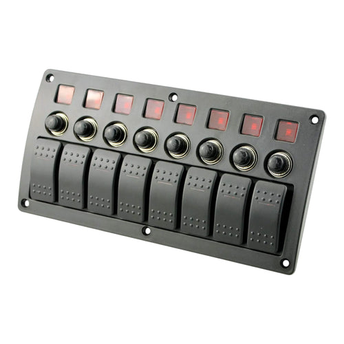 8 way rocker switch panel with circuit breakers and red led indicators