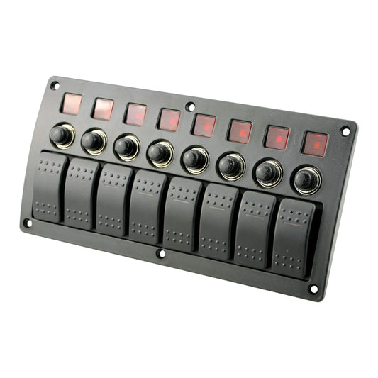 8 way rocker switch panel with circuit breakers and red led indicators