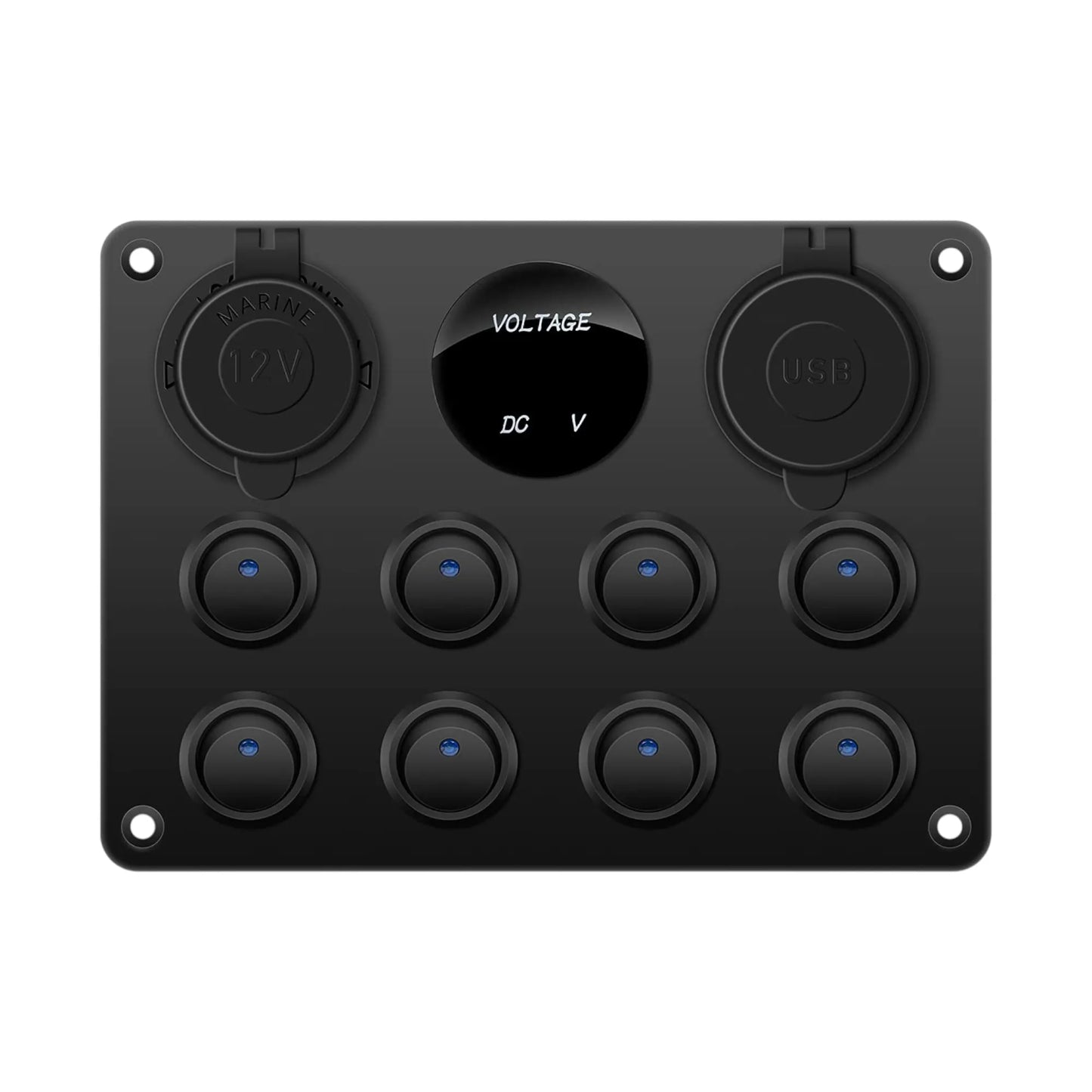8 way rocker switch panel with dual usb ports and 12v socket
