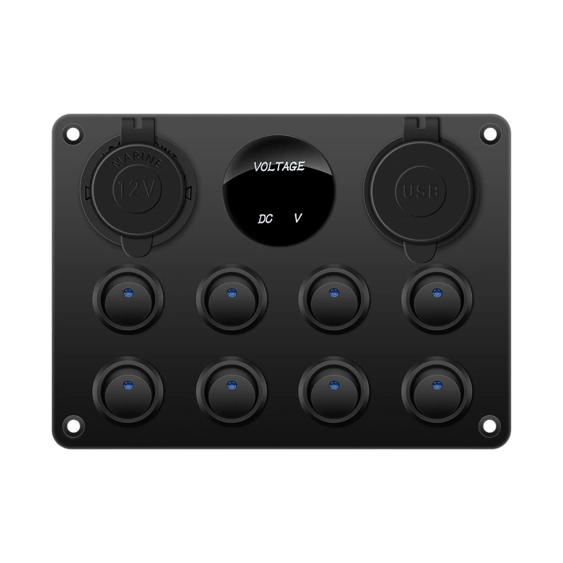 8 way rocker switch panel with dual usb ports and 12v socket
