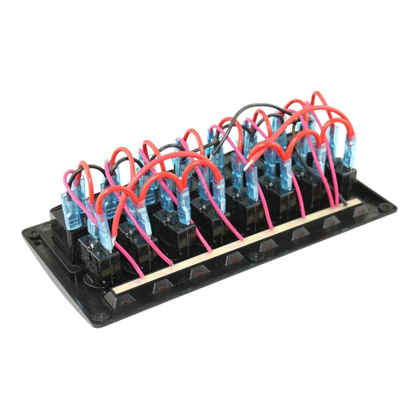 rv 8 way control panel with circuit breakers and red illumination