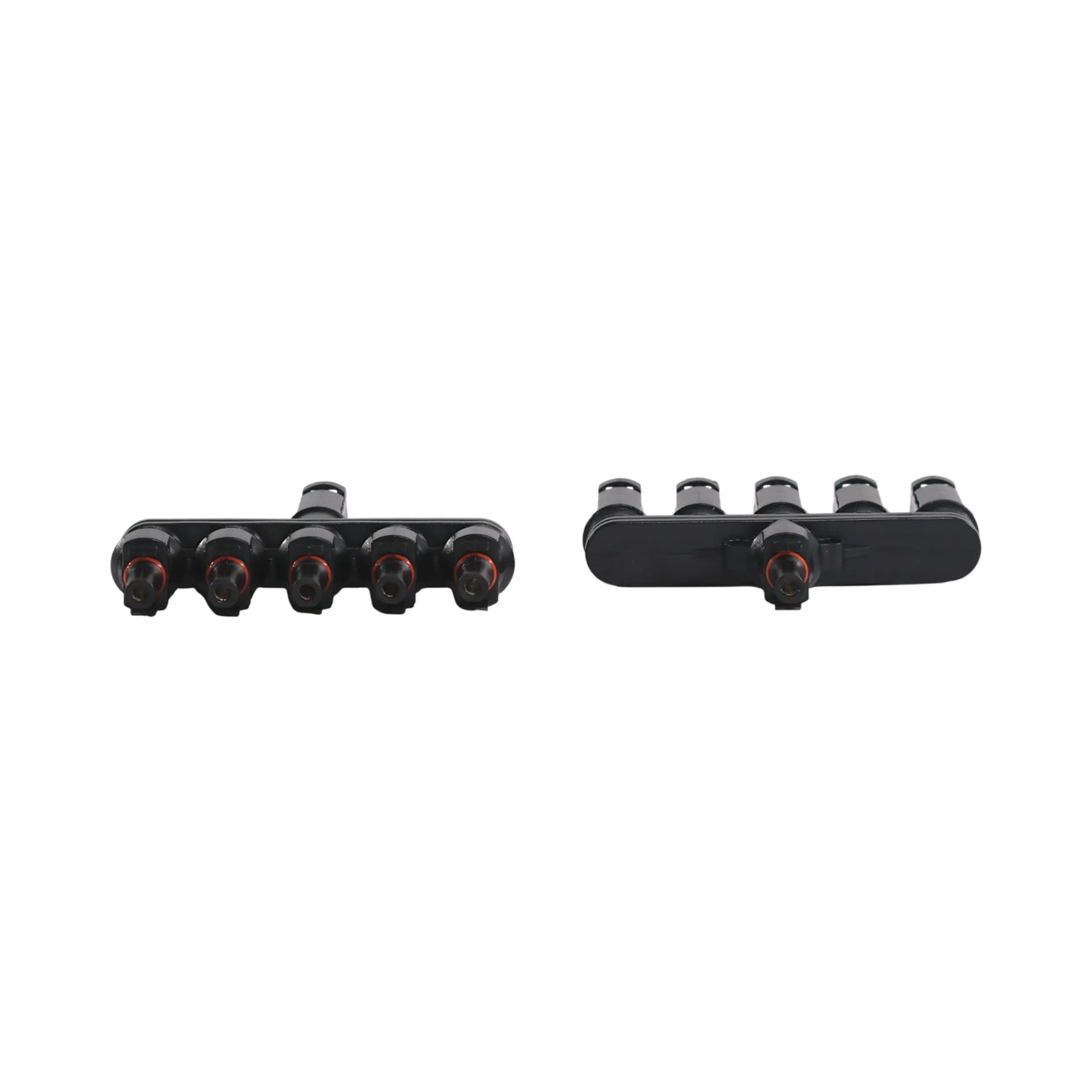close-up of MC4 5-way Y branch solar connectors