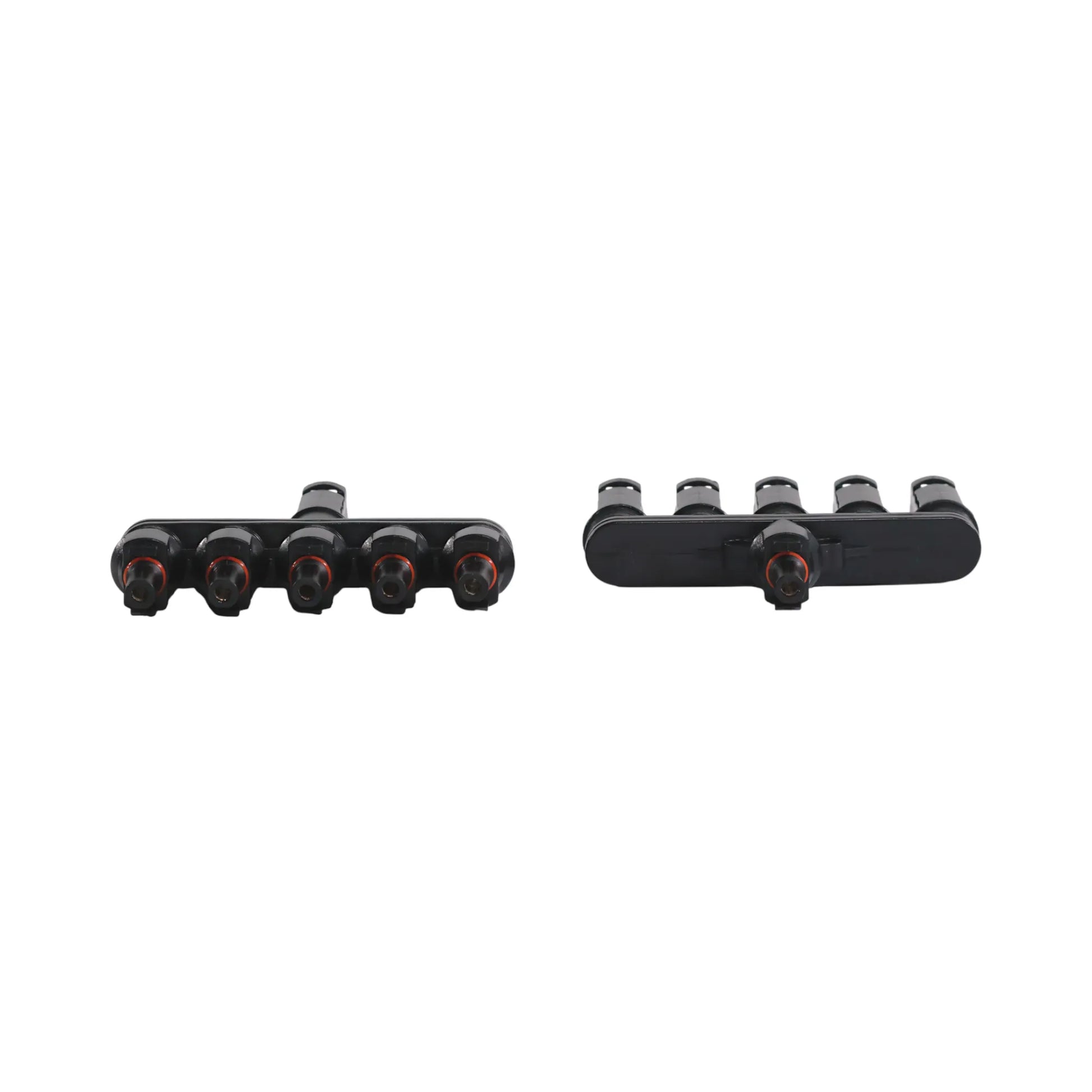 close-up of MC4 5-way Y branch solar connectors