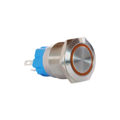 19mm LED Yellow Push Button Switch - Stainless Steel Finish - 12-24V