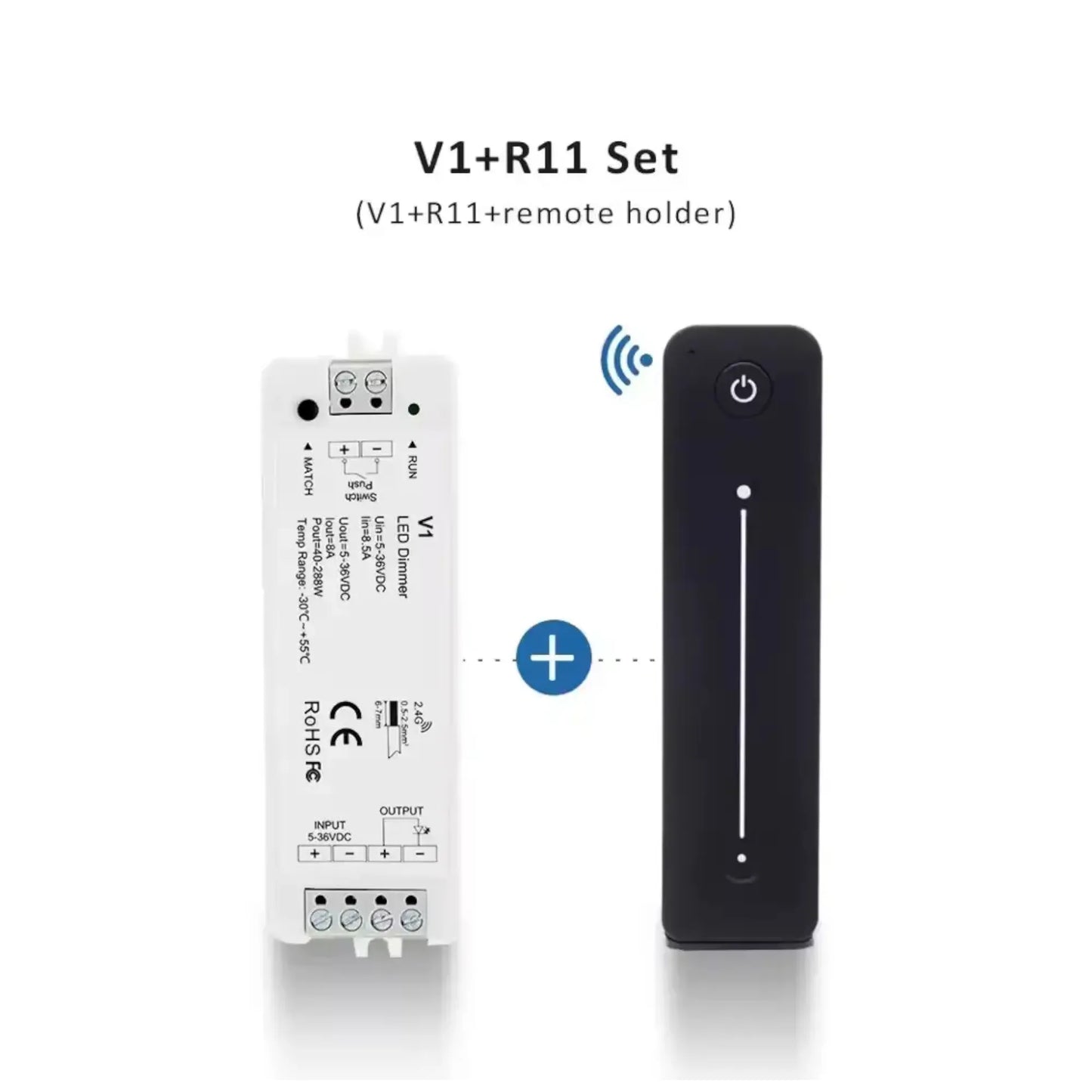 close-up of V1 LED dimmer with R11 remote beside it