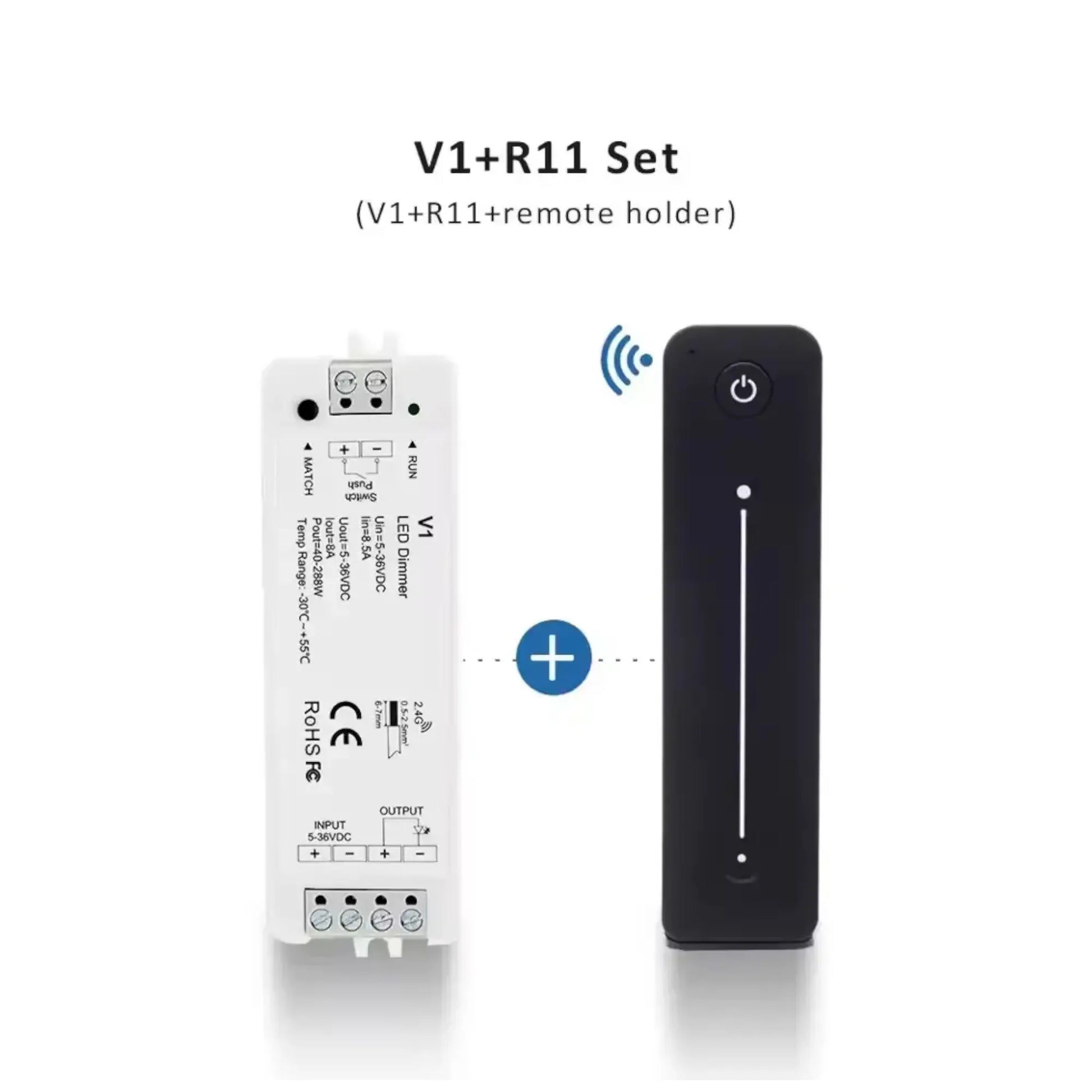 close-up of V1 LED dimmer with R11 remote beside it