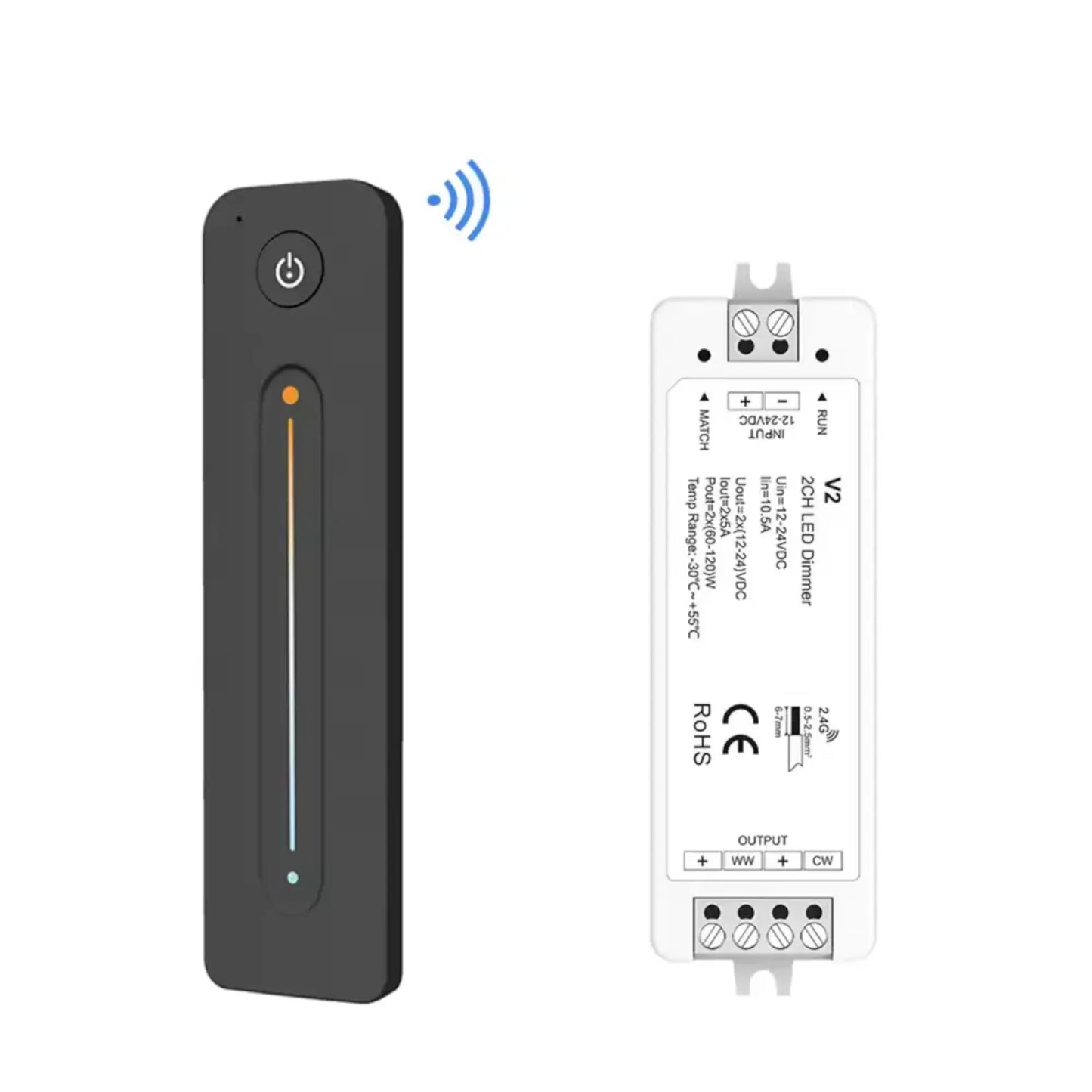 close-up of V2 LED dimmer with R12 remote beside it