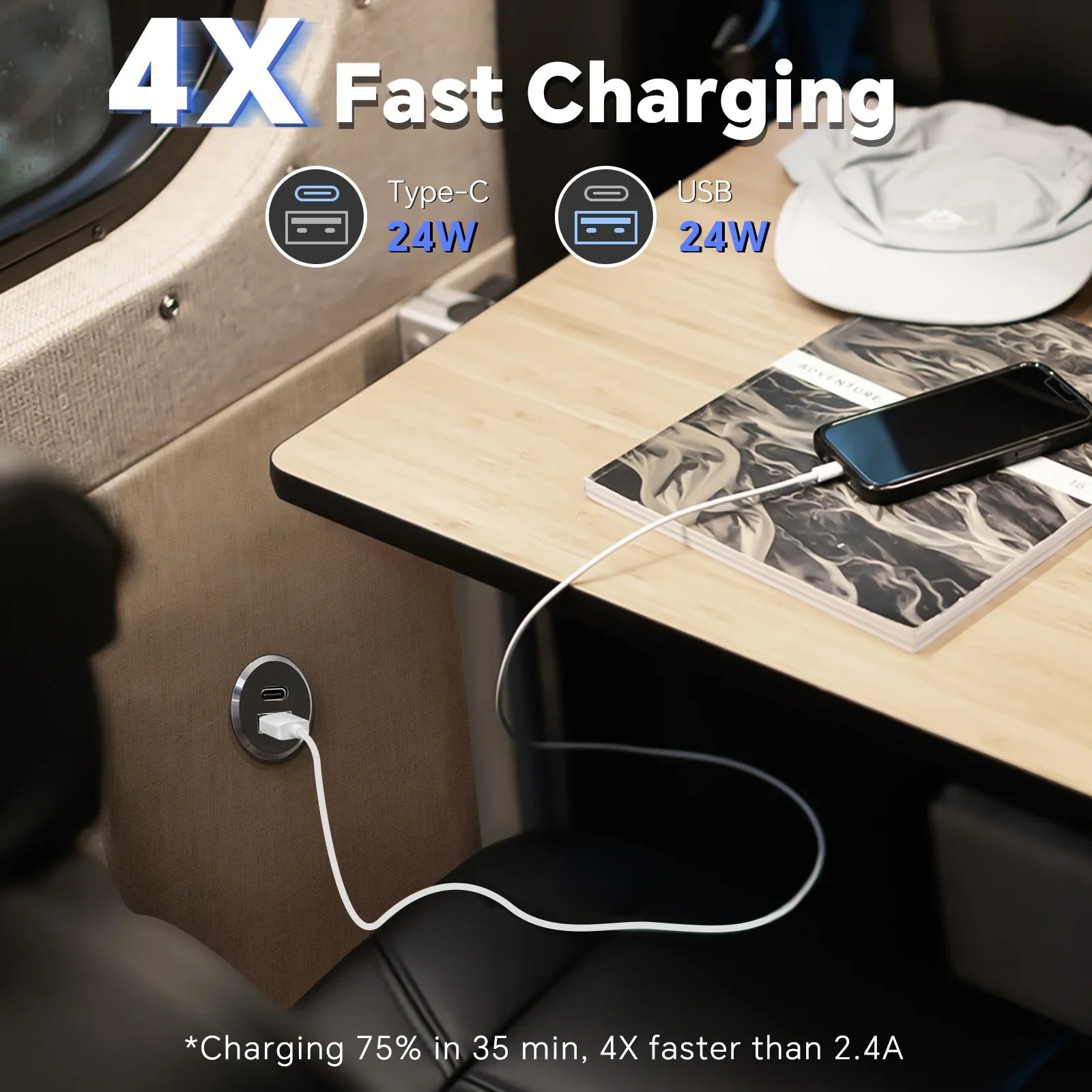 campervan small recessed usb c and usb a charger socket