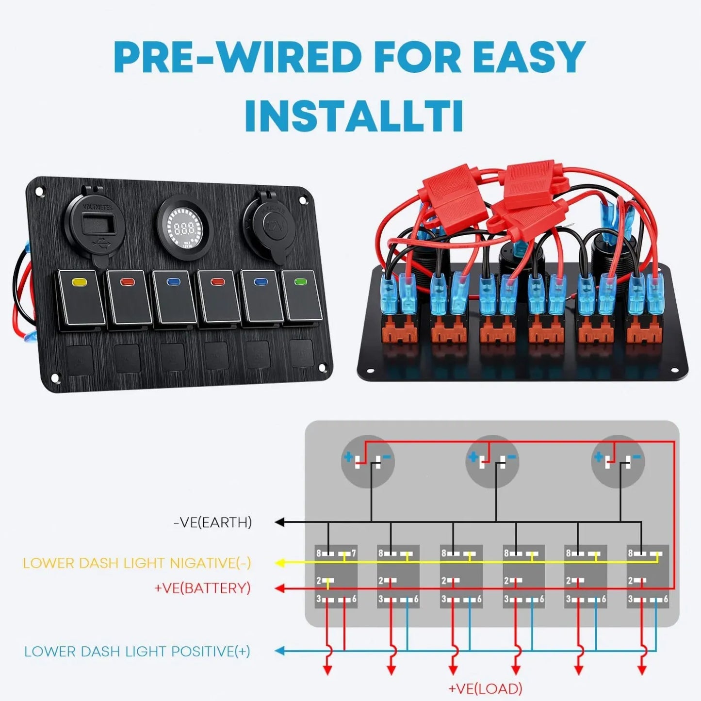 6 gang switch panel with usb charger and 12v outlet with voltage display