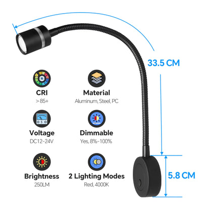 Black 12v Evo reading light with touch dimming and USB-C outlet