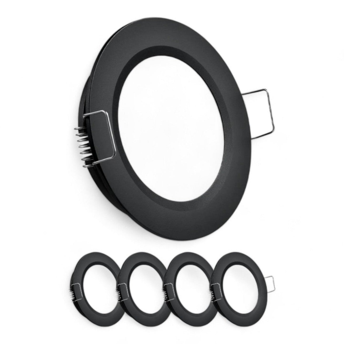 black 12v cool white downlights shown as a set of four