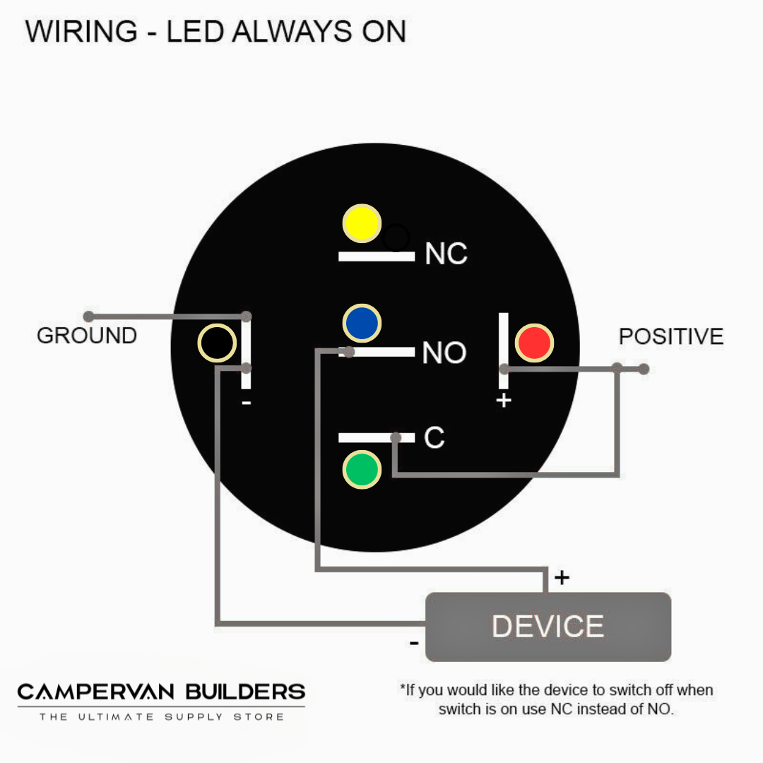 black anodised 19mm latching push button switch with yellow illumination for campervan fitouts
