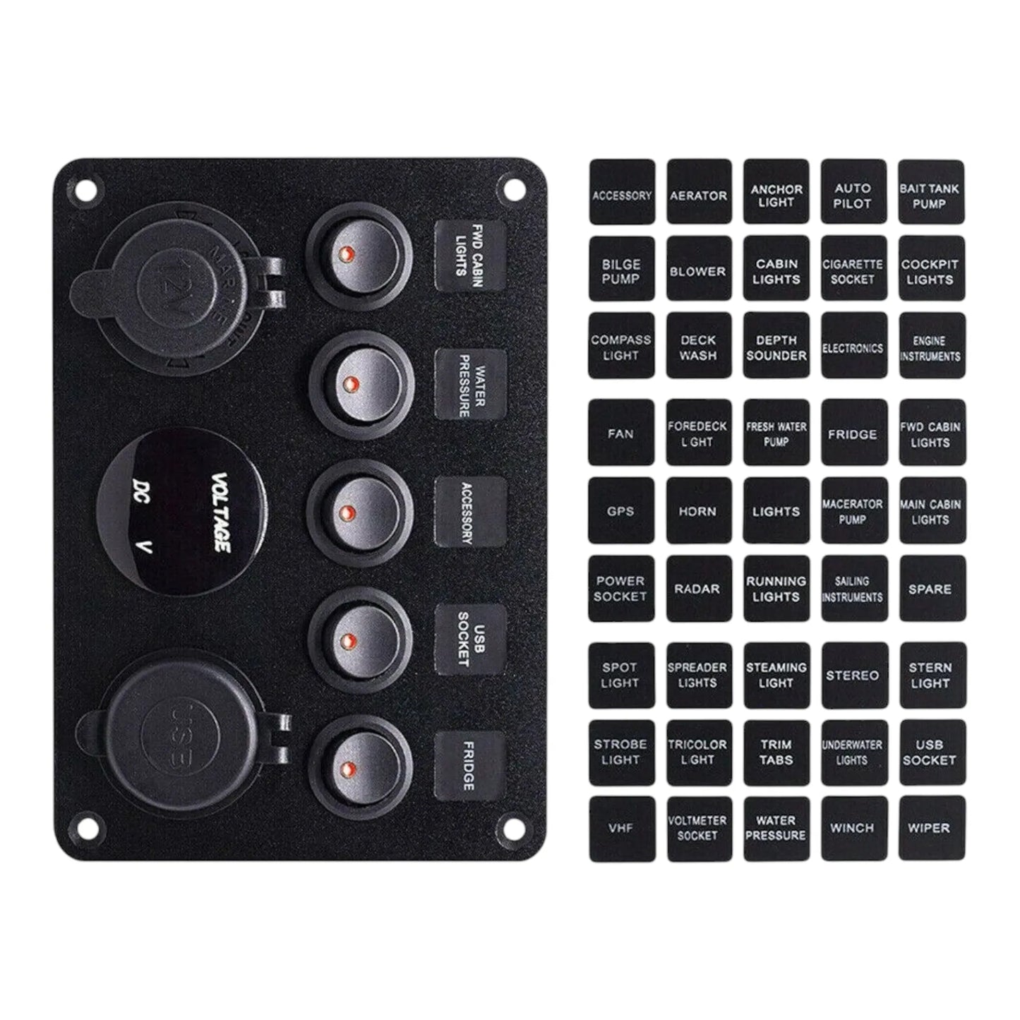 compact 5 way rocker switch panel with usb charging and 12v socket