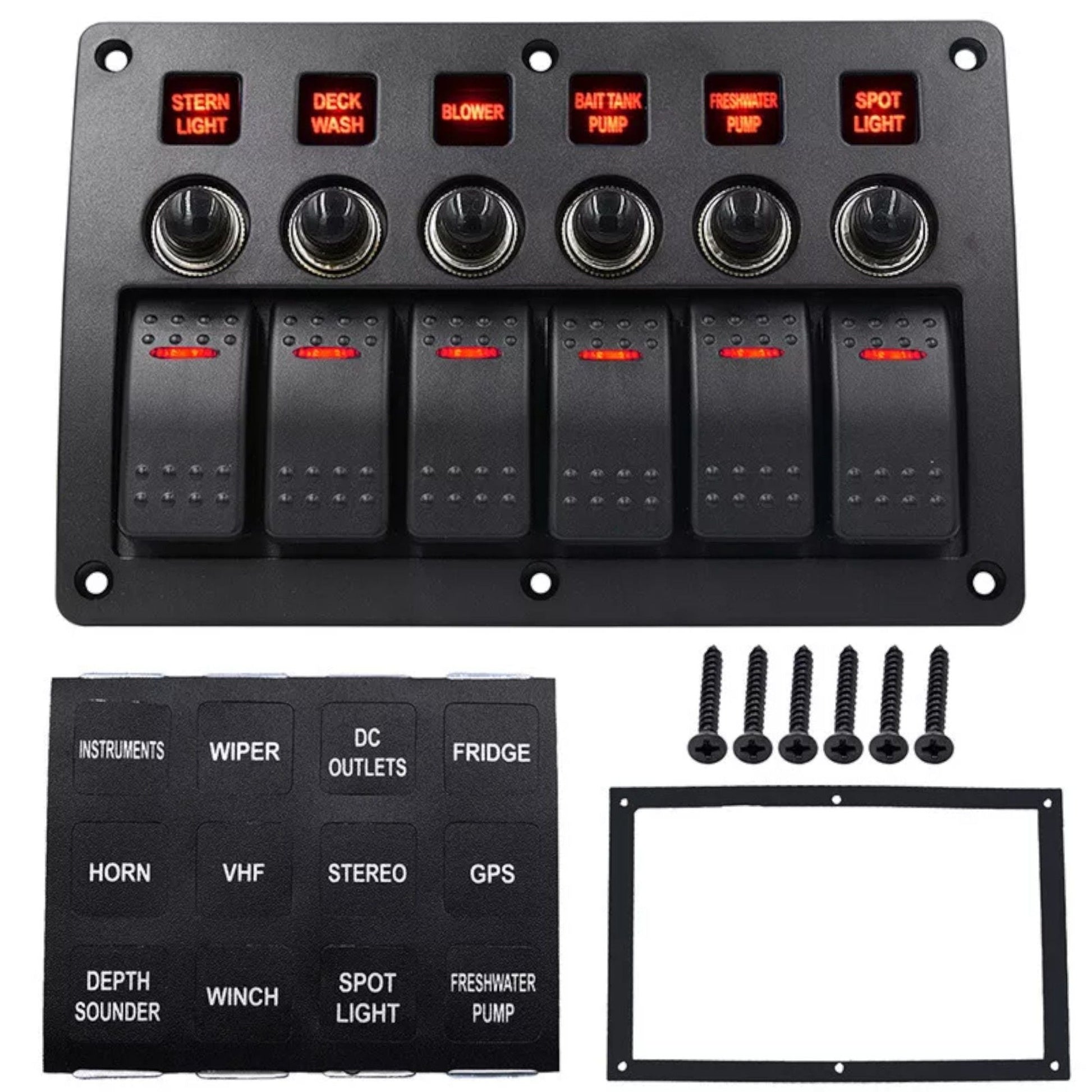 rocker switch panel with built in circuit breakers and red led indicators
