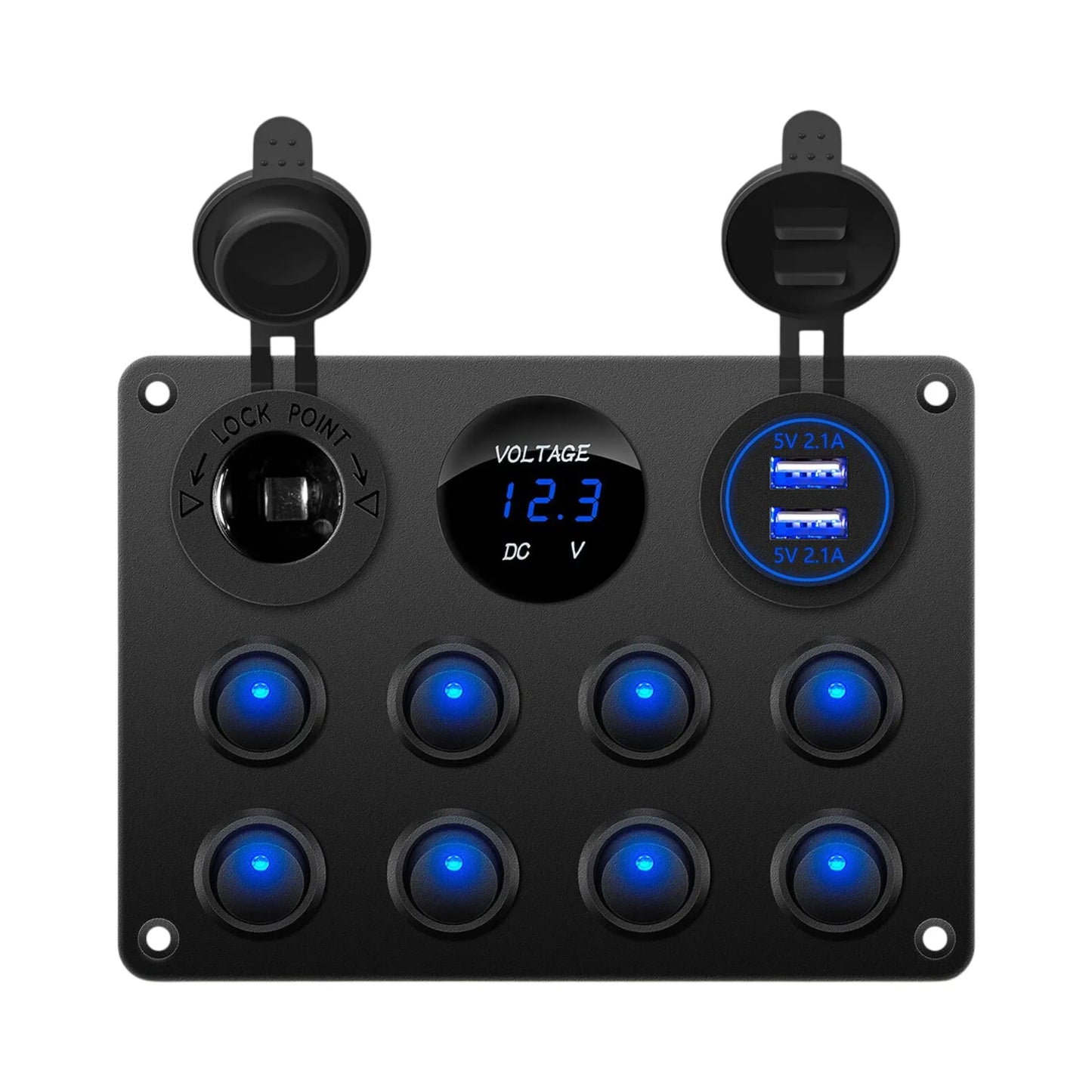 8 way rocker switch panel for 12v electrical systems with usb charging