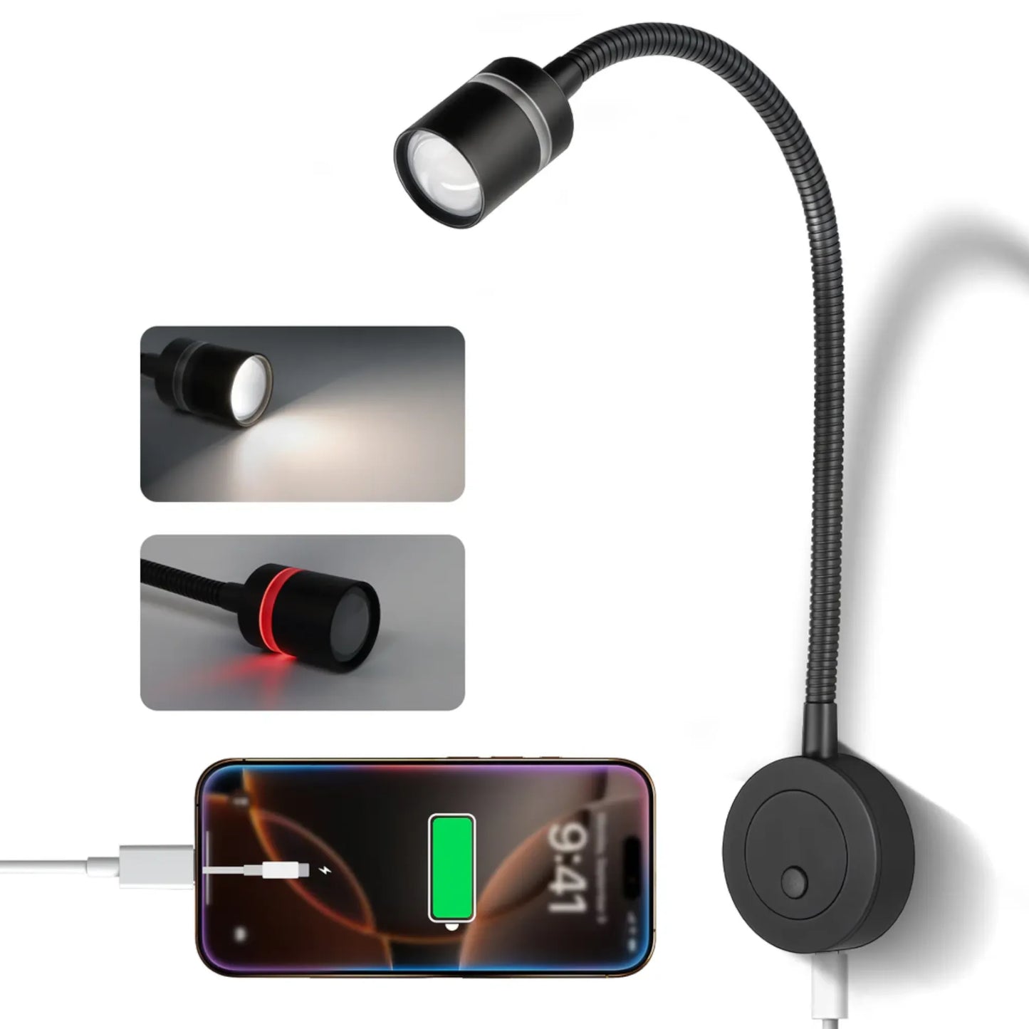 Campervan black Evo bedside reading light with USB-C charging