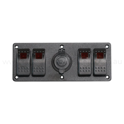 marine style 4 way switch panel with 12v socket and led illumination for campervan installs