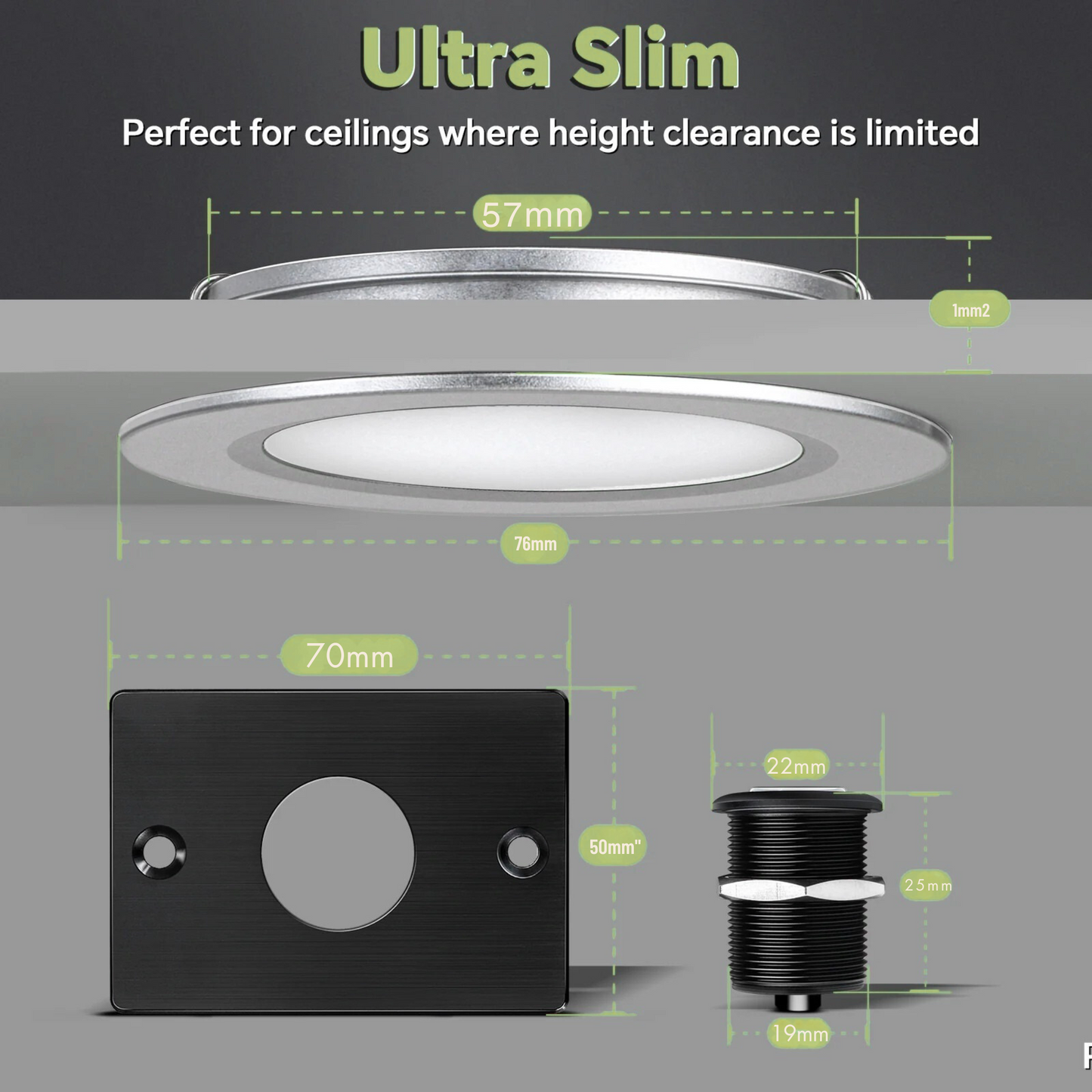 cool white LED downlight with silver dimmer switch