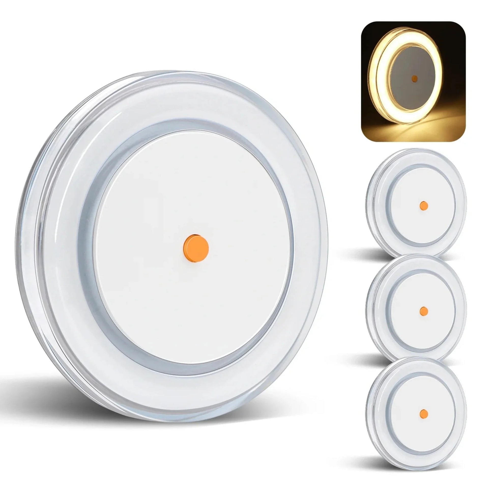 warm white low profile disc lights shown as a set of four