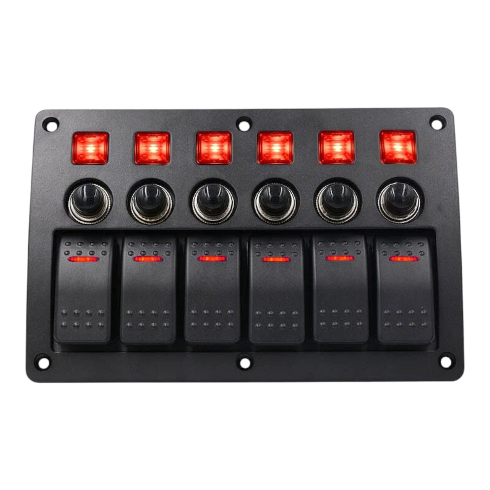 campervan switch panel with 6 rocker switches and red led lights