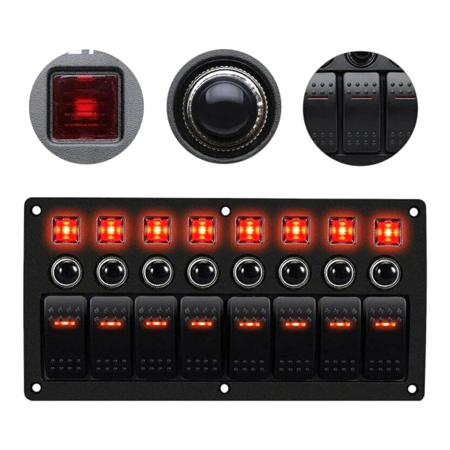 campervan switch panel with 8 rocker switches and red led lights