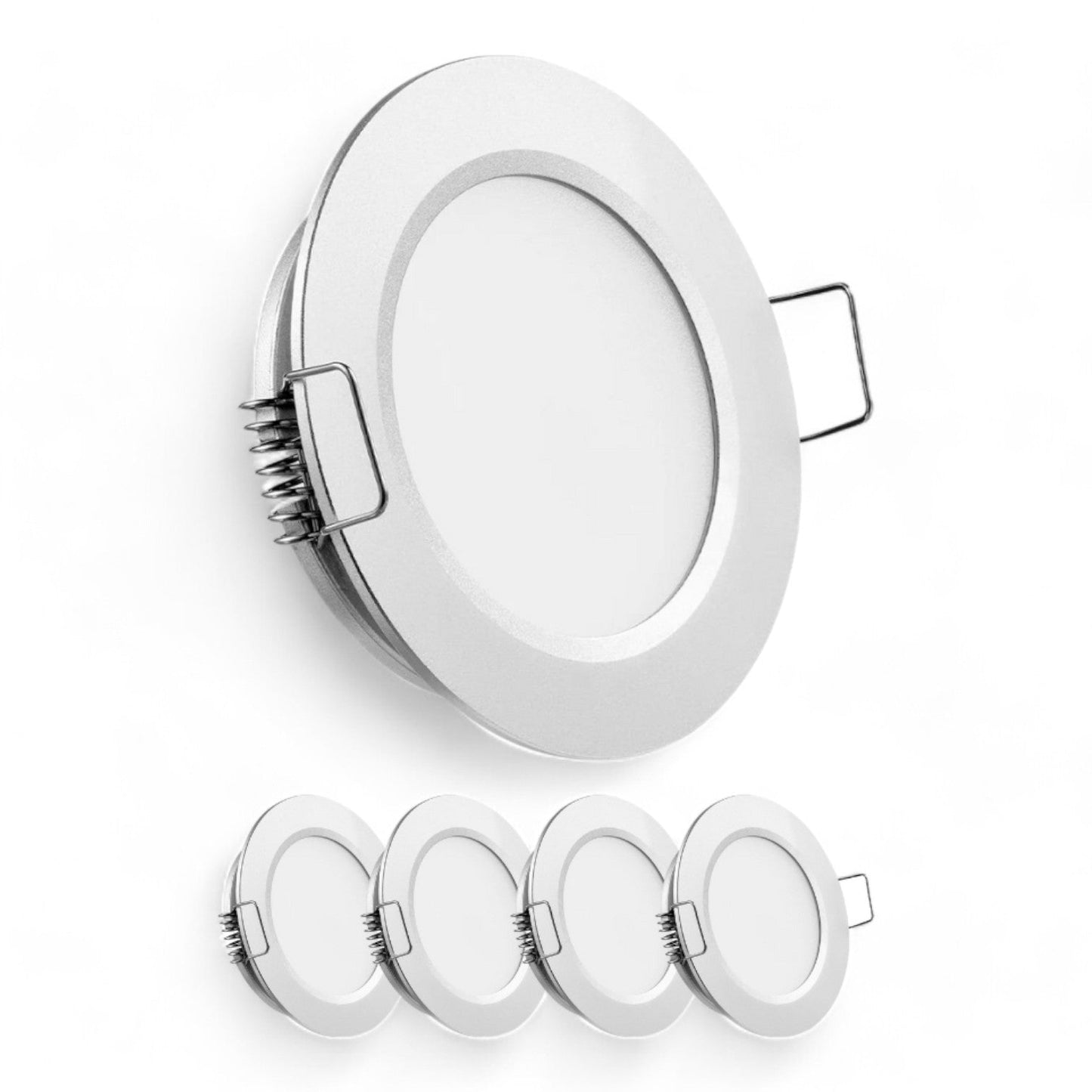 silver 12v cool white downlights shown as a set of four