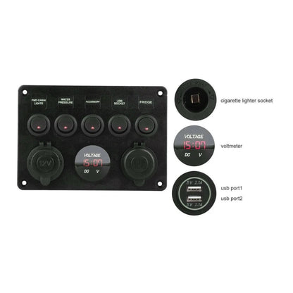 campervan switch panel with 5 switches usb a charging and voltmeter