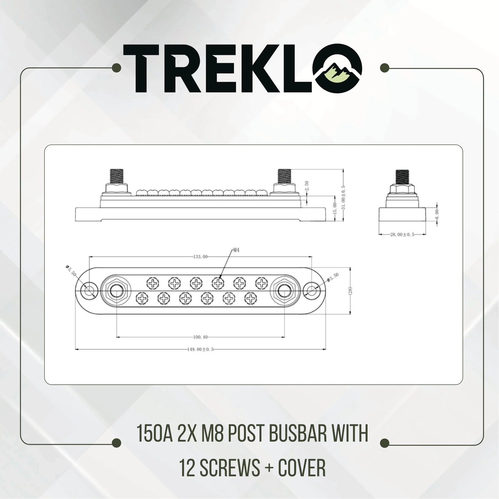 treklo 150a busbar 2 post m8 terminals with mounting hardware
