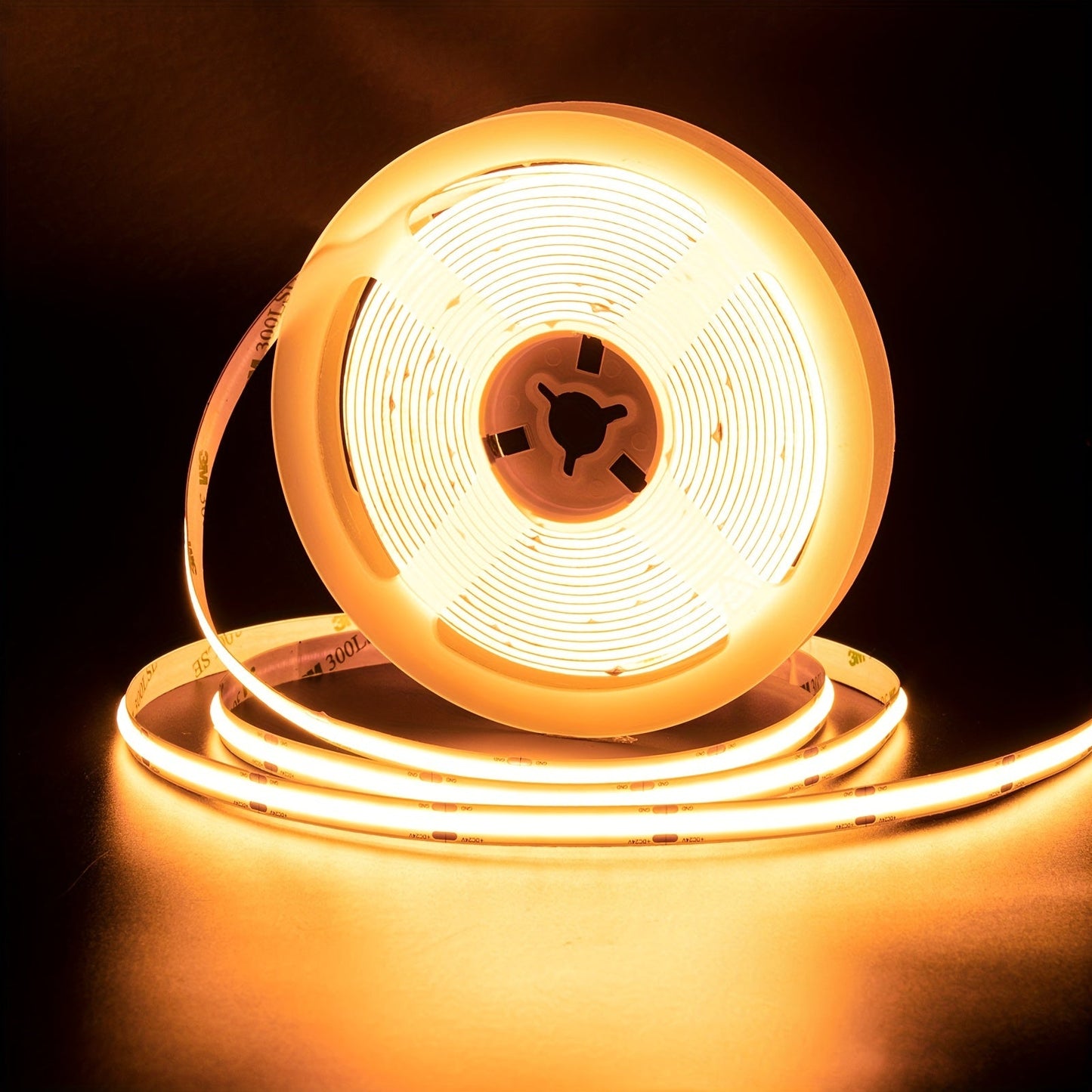 close-up of warm white dotless LED strip on bench